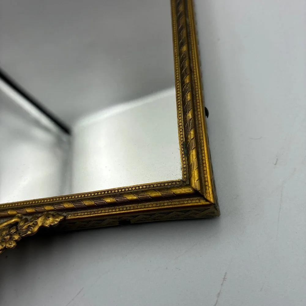 Vintage Ornate Gold Mirrored Vanity Tray Cherub Handles Rectangular 13.5in